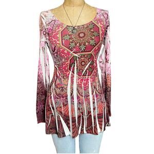 Mandees‎ Multicolor Boho Fairy Rhinestone Long Sleeve Top Fishnet Back Size L